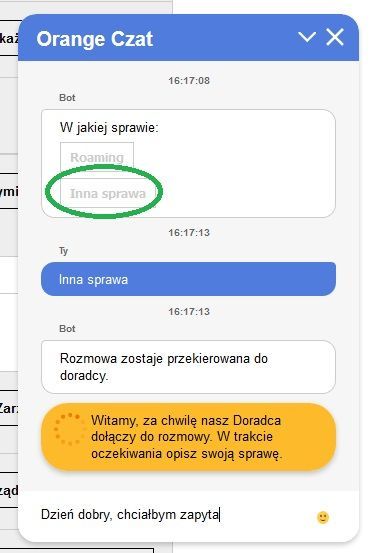 początek konwersacji na czacie