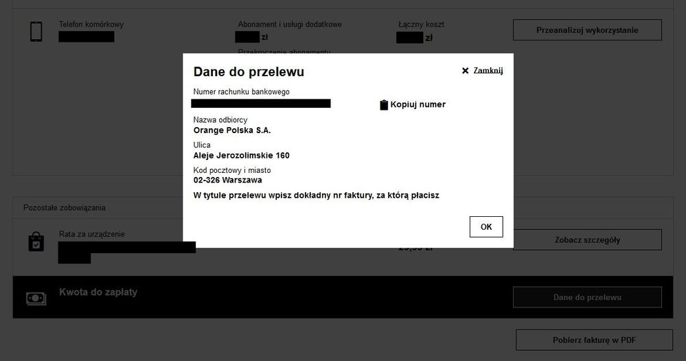 Moje faktury → Szczegóły faktury → Dane do przelewu