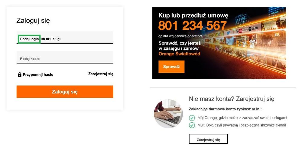 panel logowania do Nasz Orange