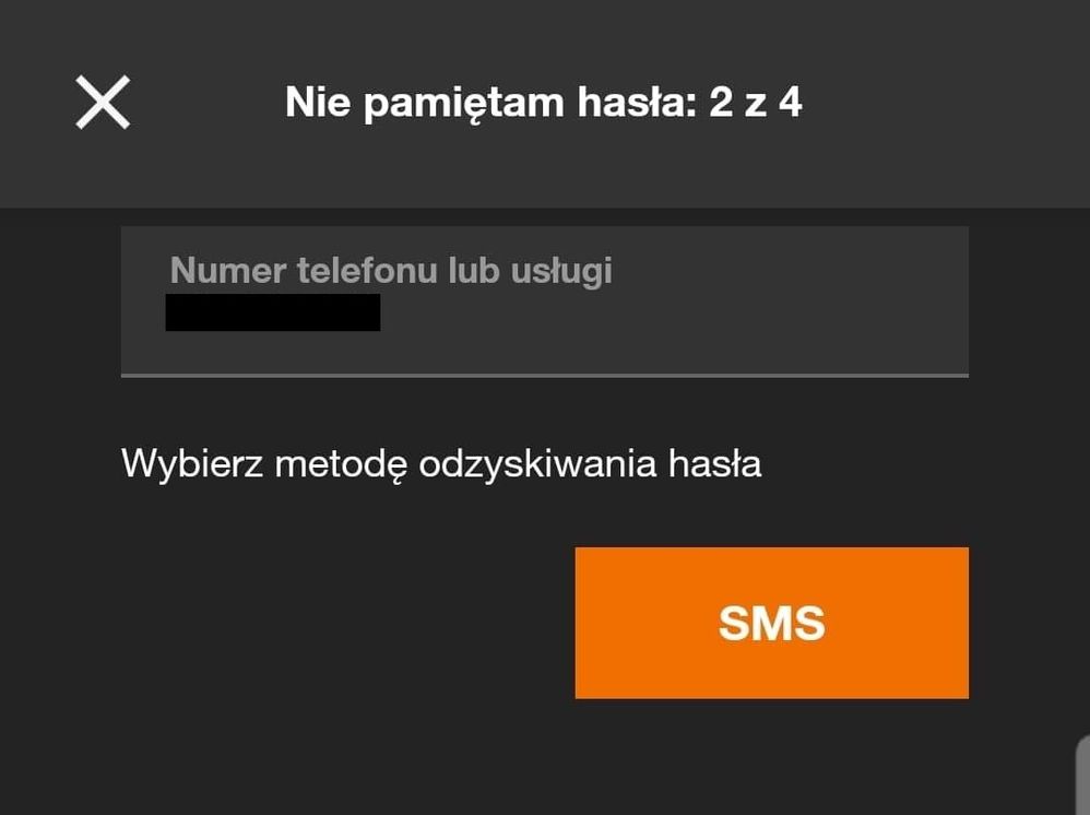 krok 2 z 4 przy odzyskiwaniu hasła w apce Mój Orange