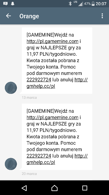 Tak wyglada SMS  ja ma ma zarejstrowane w Orange 4  numery i na jedn z nich zaczely przychodzic c z regularnoscia co tydzien ( 13.03/20.03/27/03 i 03.04) SMSY.Oczywiscie Orange wystawil na to fakture .Zlozylem reklamacje do Game MIne , Dla mnie kuriozalne jest zachowanie Orange , jak widac problem z SMSod Game Mine jest powszechny i dziwi brak zdecydowanej reakcji operatora.