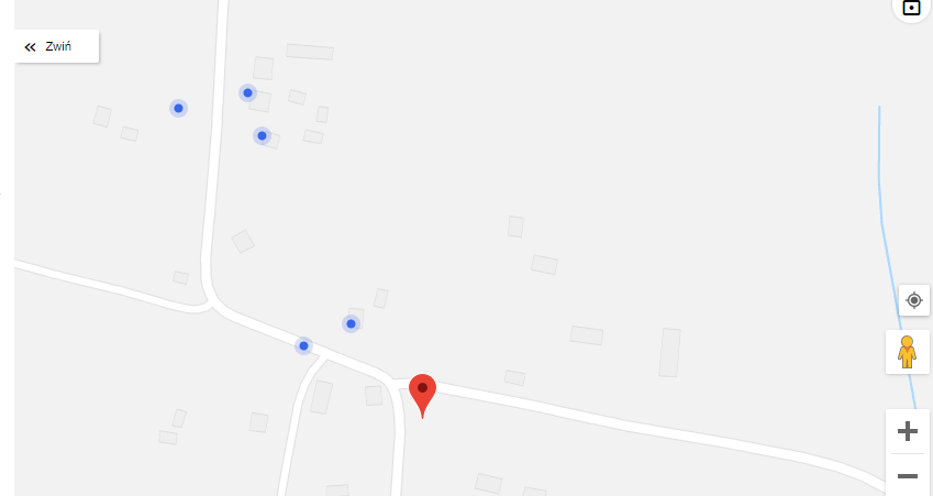Rzekomy zasięg Neostrady na mojej wsi. Na każdym z tych niebieskich punktów jest rzekomo "Jesteś w zasięgu Neostrady, max 10 Mb". Ten czerwony punkt to lokalizacja mojego domu.