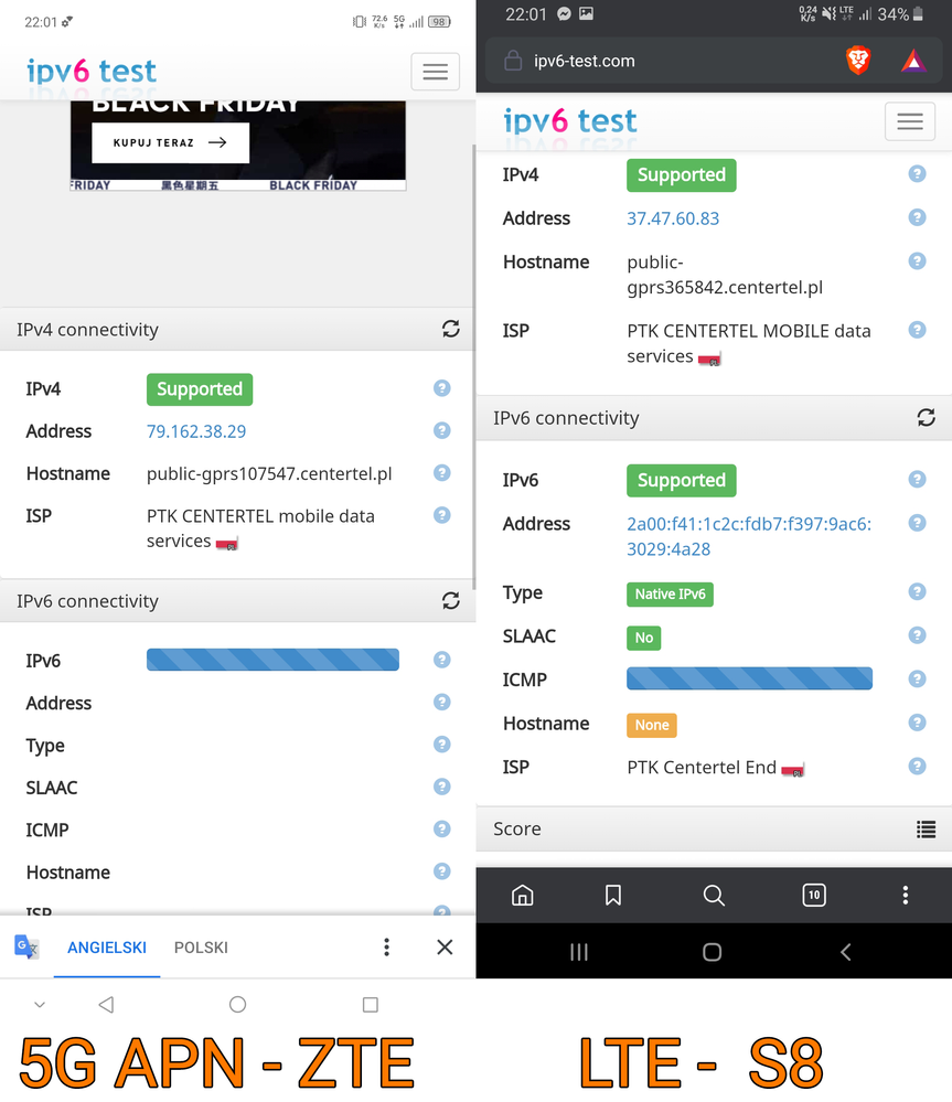 Orange Internet 5G - APN vs LTE S8
