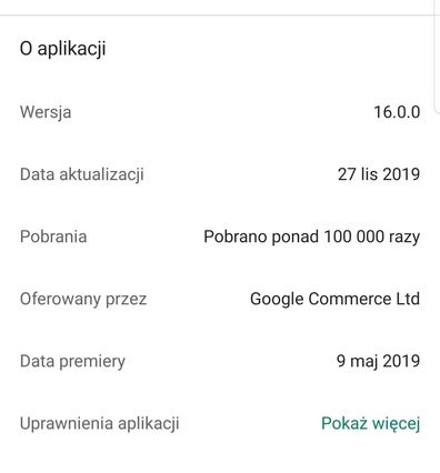 fragment ekranu 'O aplikacji' w Google Play