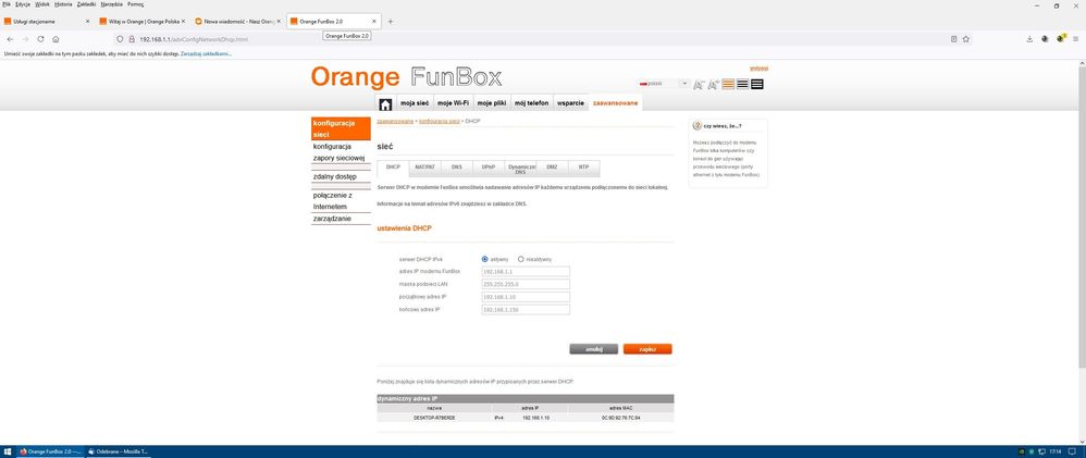 DHCP w routerze FunBox 2.0