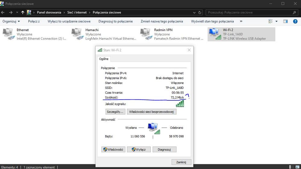 połączenia sieciowe, stan screen