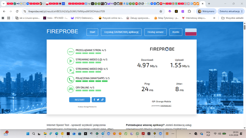 Pomiar prędkości szybkości internetu - Orange Flex - fireprobe.net