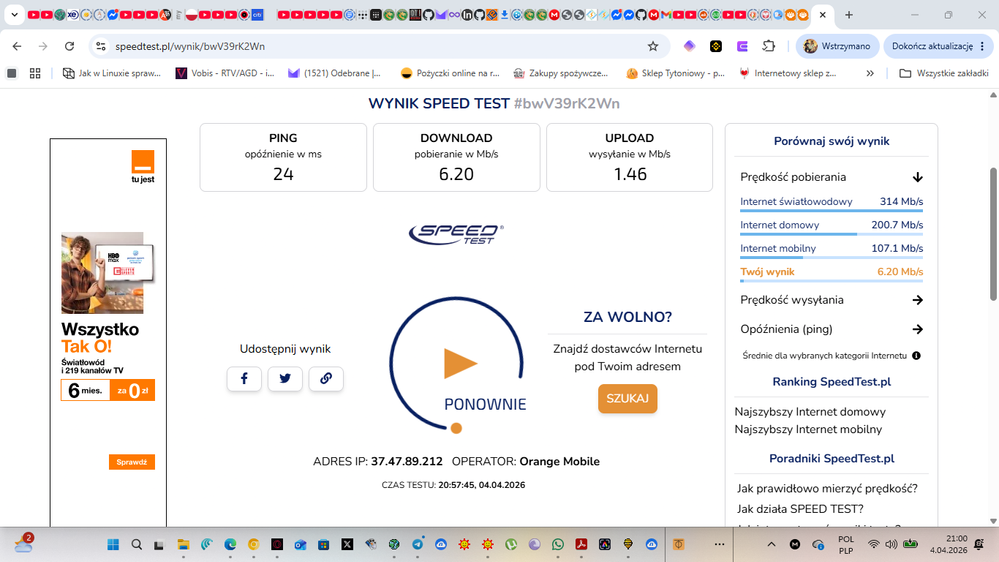 Pomiar prędkości internetu - Orange Flex - Speedtest.pl