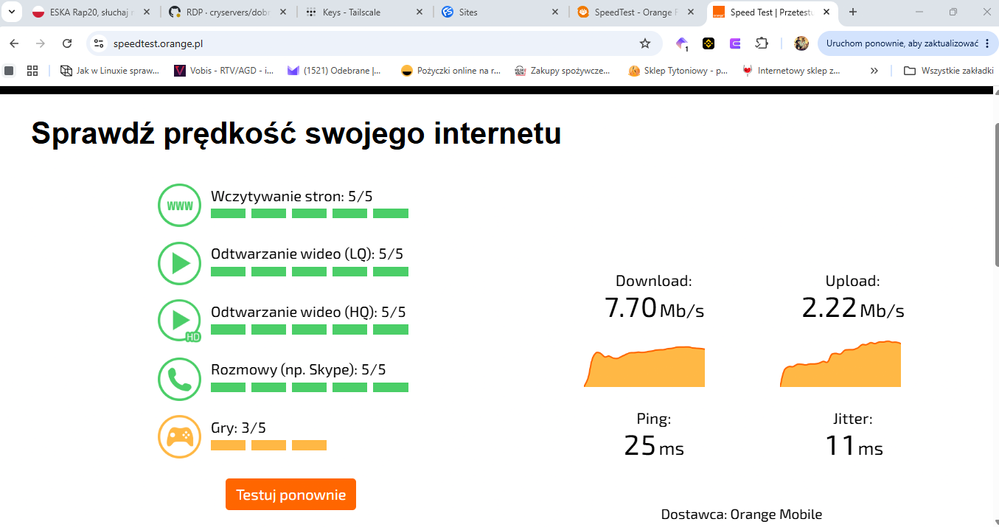 Test prędkości internetu w Orange Flex - strona speedtest.orange.pl