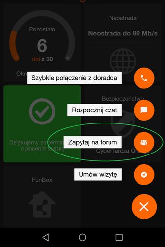 Rozwinięty przycisk słuchawki w apce Mój Orange