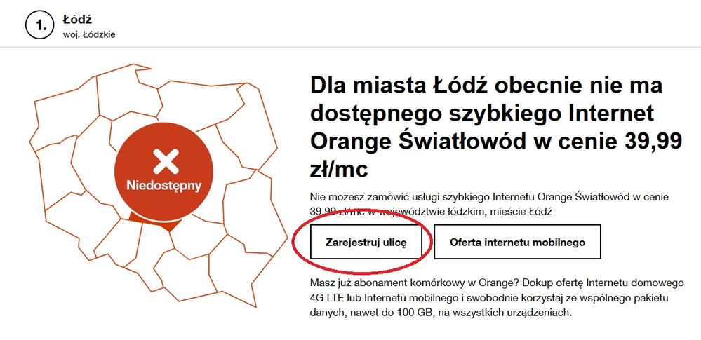 informacja o braku Orange Światłowodu dla miejscowości