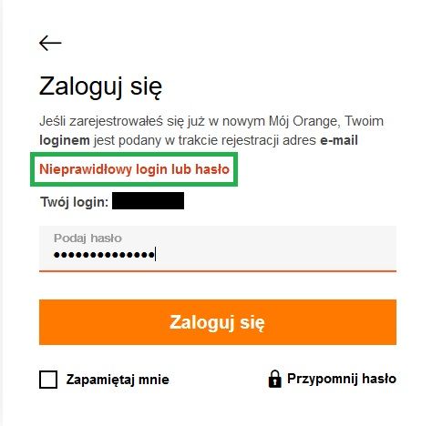 komunikat o niepoprawnie wprowadzonym haśle
