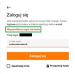 komunikat o niepoprawnie wprowadzonym haśle